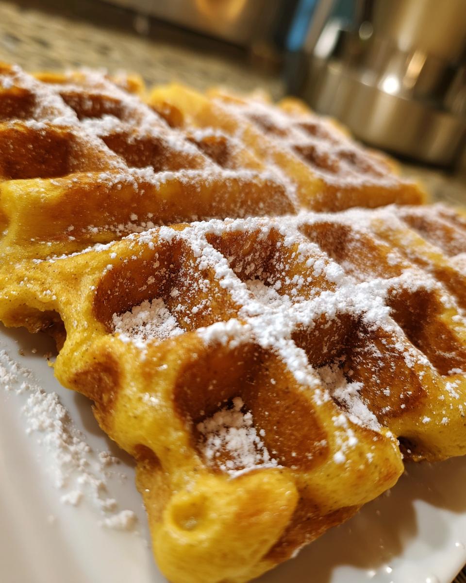 Close-up of golden-brown pumpkin waffles dusted with powdered sugar on a white plate.