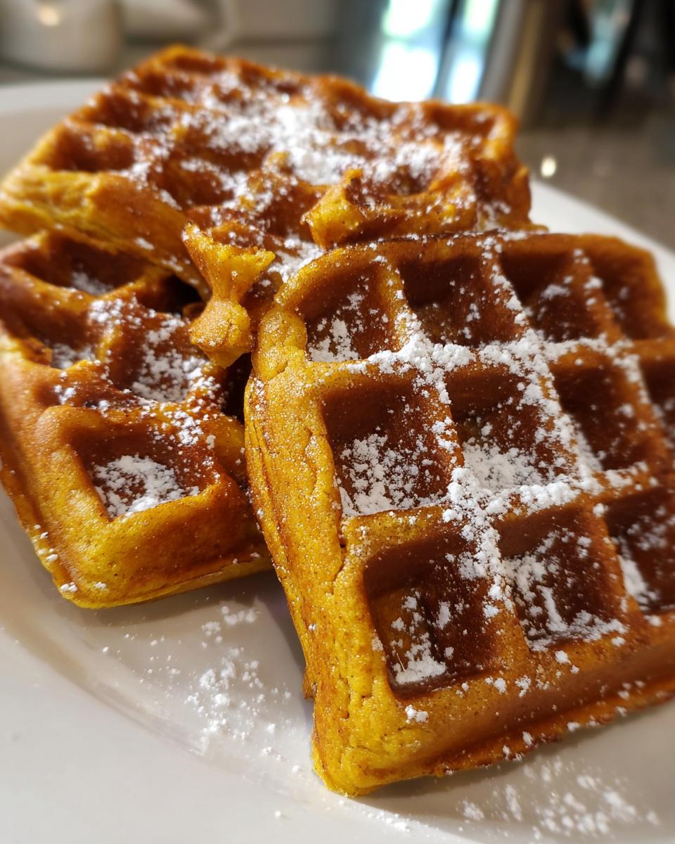 Close-up of fluffy pumpkin waffles dusted with powdered sugar on a white plate.
