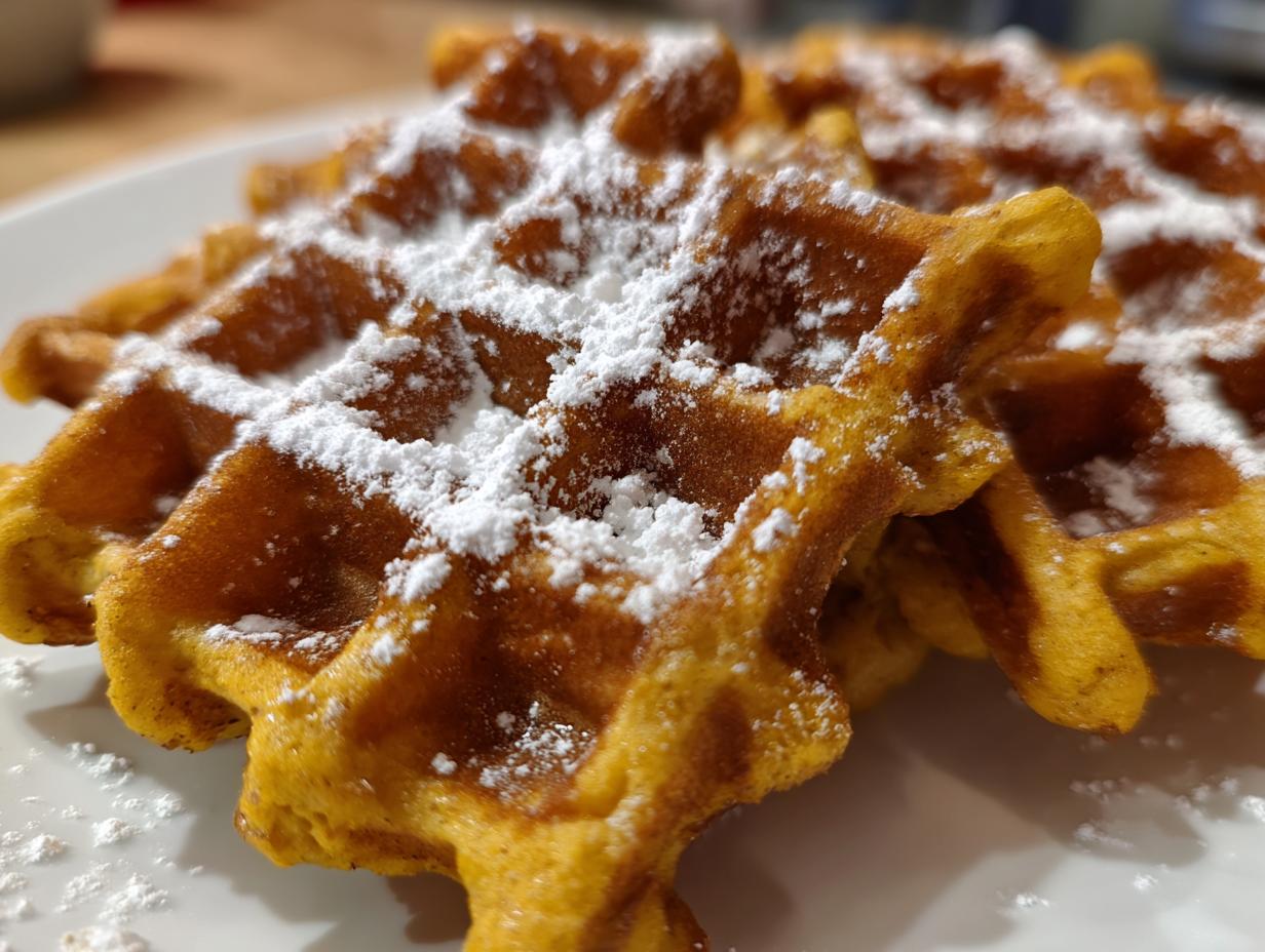 Close-up of fluffy pumpkin waffles dusted with powdered sugar on a white plate.