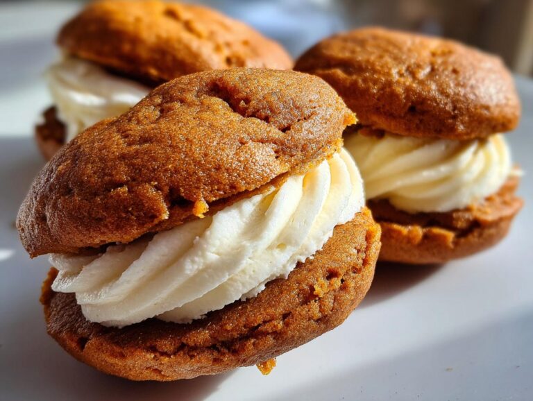 Close-up of three soft pumpkin whoopie pies filled with creamy frosting on a white plate.