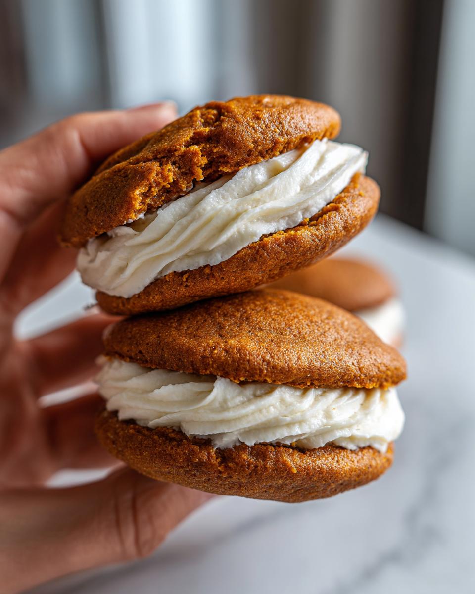 A hand holding two stacked pumpkin whoopie pies filled with creamy frosting.