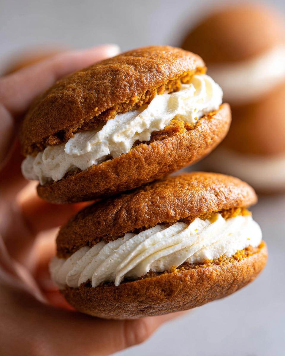 Close-up of two stacked pumpkin whoopie pies with fluffy white cream filling.