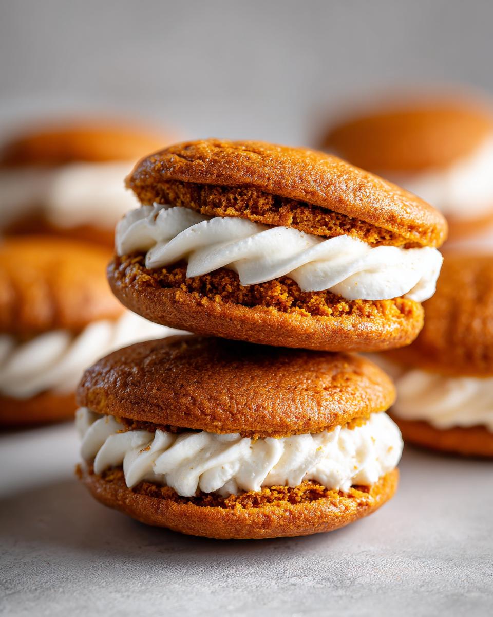 Two stacked pumpkin whoopie pies filled with creamy white frosting, with more pies blurred in the background.