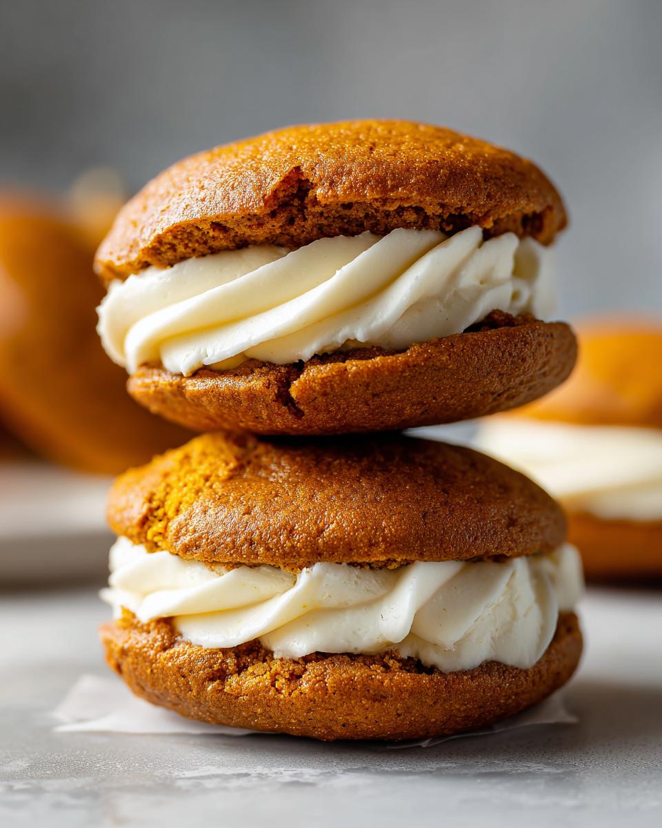 A close-up of two stacked pumpkin whoopie pies filled with creamy white frosting.