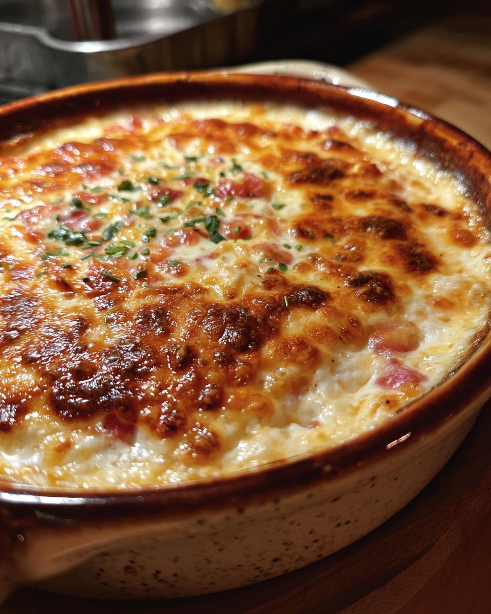 Close-up of a bubbling, golden-brown queso dip in a rustic ceramic dish, topped with fresh herbs.