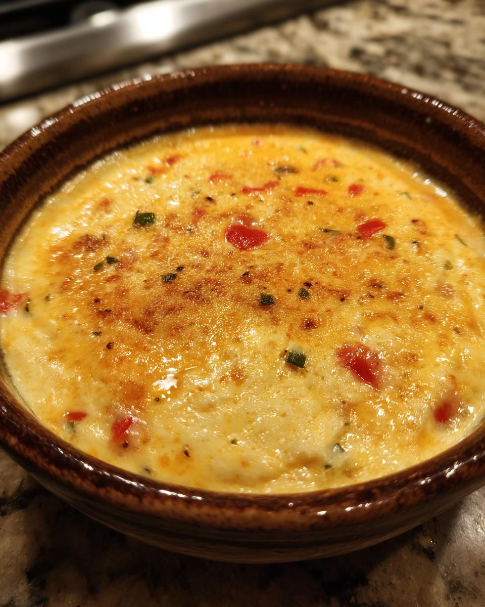 Close-up of a bubbling bowl of cheesy Queso dip with visible red pepper pieces and green herbs.