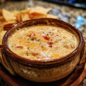 A close-up of a bowl of warm, creamy queso dip with visible chunks of tomatoes and herbs, served with tortilla chips.