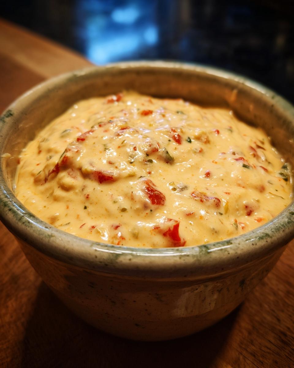 Close-up of a bowl of creamy, orange queso dip with visible chunks of tomatoes and green herbs.
