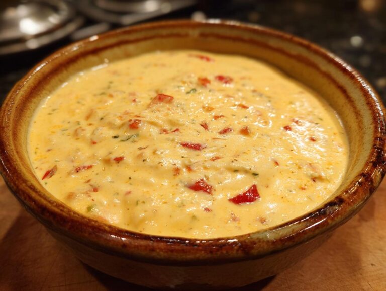 A close-up of a bowl of creamy, yellow queso dip with visible chunks of red tomatoes and green herbs.