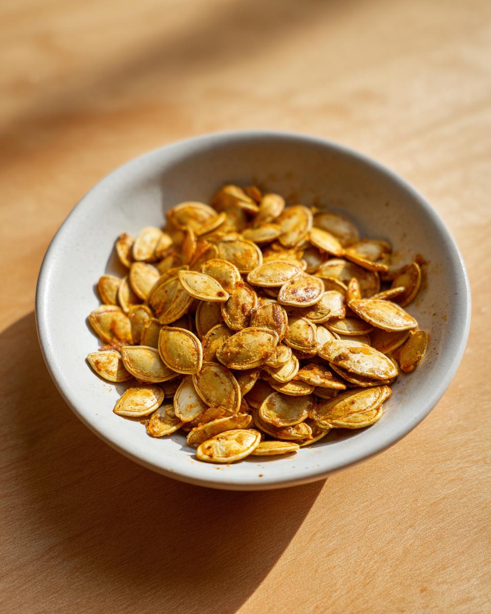 A close-up of a bowl filled with golden-brown roasted pumpkin seeds, seasoned with spices.