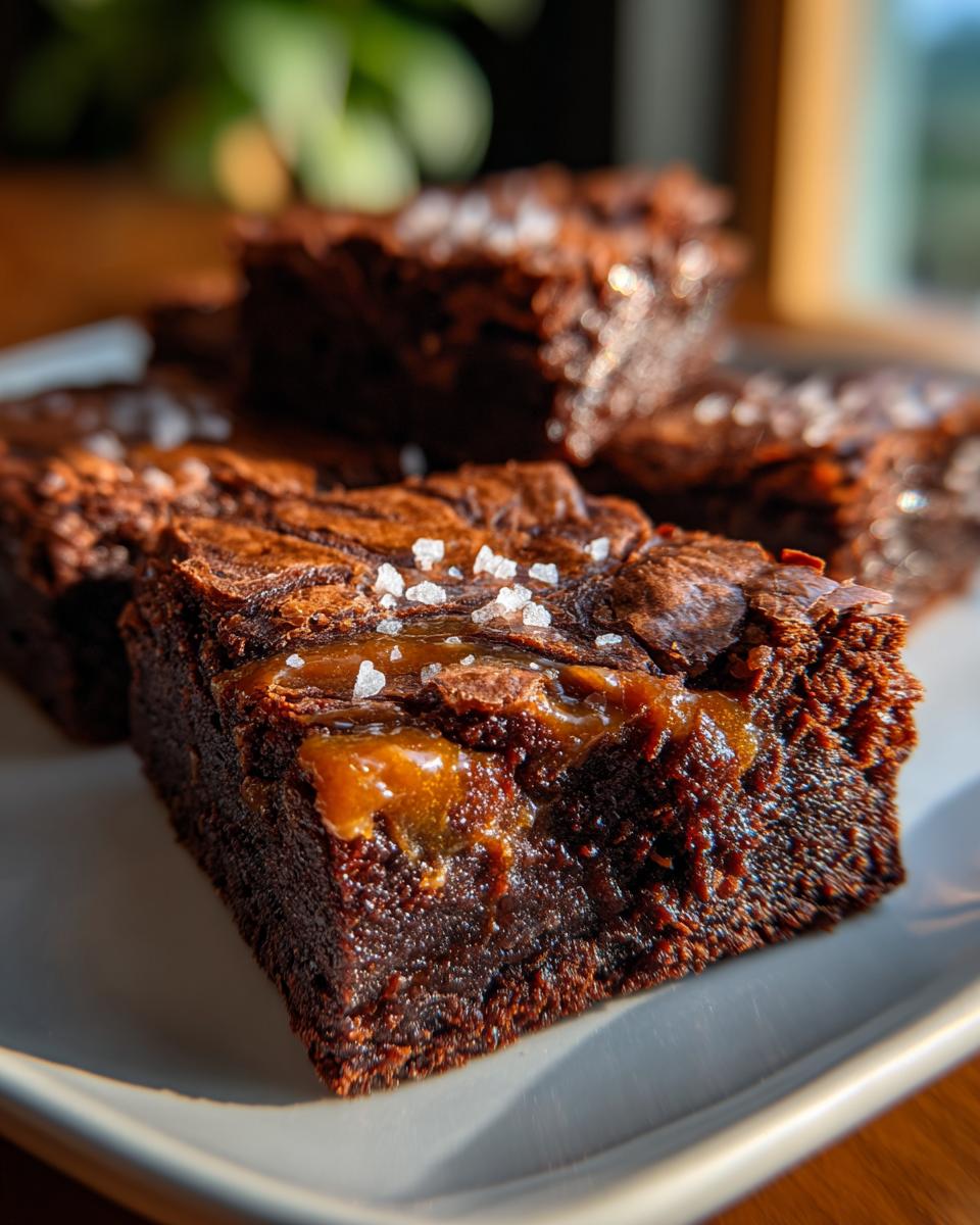 Close-up of fudgy salted caramel brownies with flaky sea salt on top, served on a white plate.