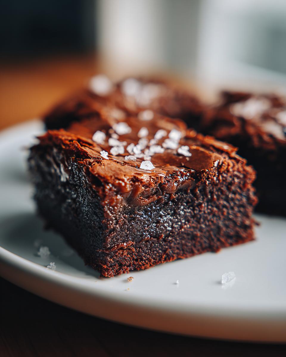 Close-up of a fudgy salted caramel brownie topped with flaky sea salt on a white plate.