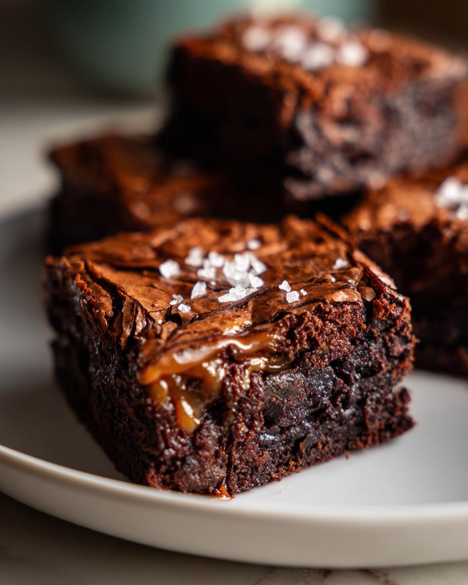 A close-up of a fudgy salted caramel brownie topped with flaky sea salt.