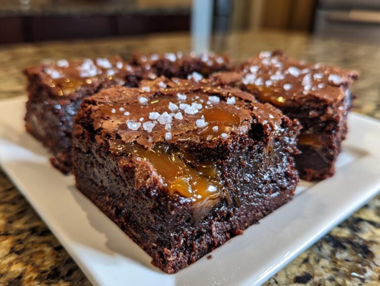 Close-up of fudgy salted caramel brownies topped with flaky sea salt, showcasing a gooey caramel center.