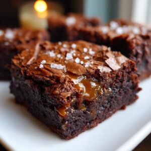 A close-up of a fudgy salted caramel brownie, with gooey caramel oozing out and flaky sea salt on top.