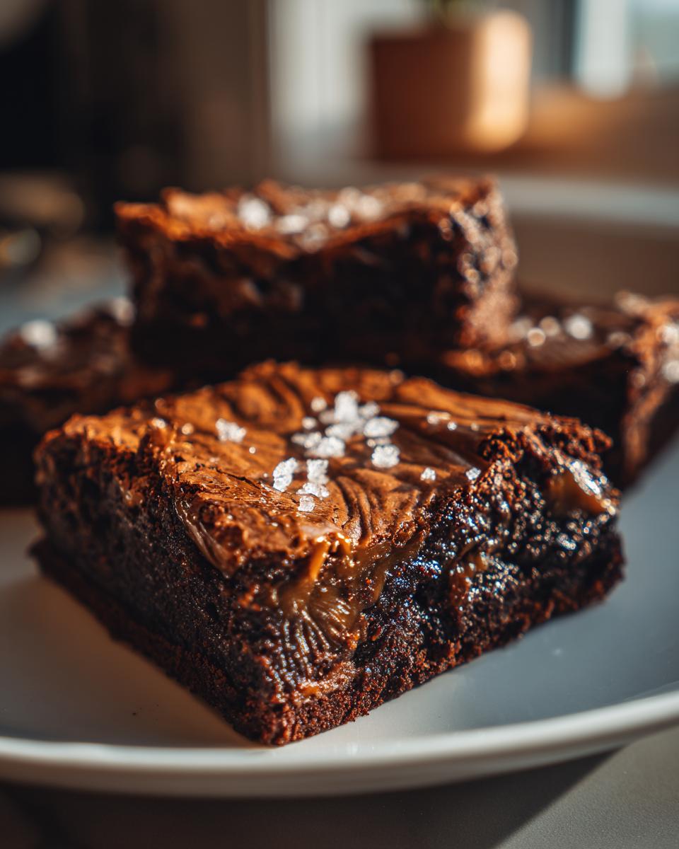 Close-up of fudgy salted caramel brownies, topped with flaky sea salt and a swirl of caramel.