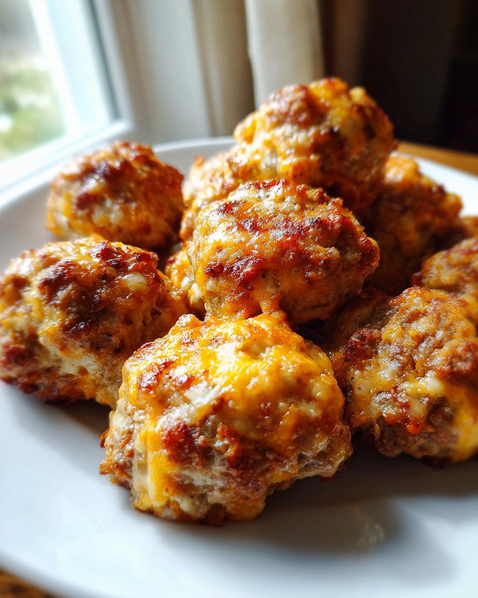 A close-up of golden-brown sausage cheese balls piled on a white plate.