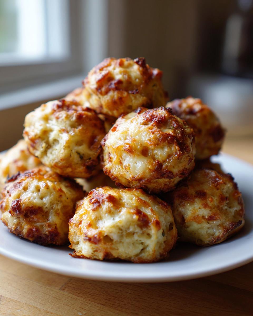A pile of golden-brown sausage cheese balls with melted cheese on a white plate.