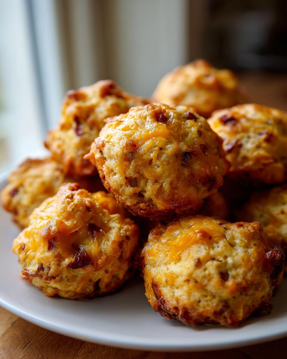 A close-up of a pile of golden-brown sausage cheese balls on a white plate, showcasing melted cheese and bits of sausage.