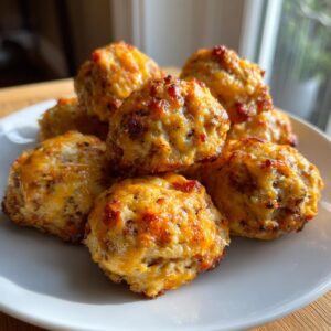 A pile of golden brown sausage cheese balls on a white plate, ready to be enjoyed.