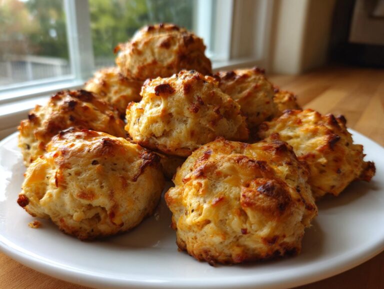 A close-up of a pile of golden brown sausage cheese balls on a white plate, ready to be enjoyed.