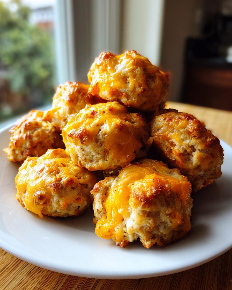 A close-up of a stack of golden-brown sausage cheese balls, topped with melted cheddar cheese.
