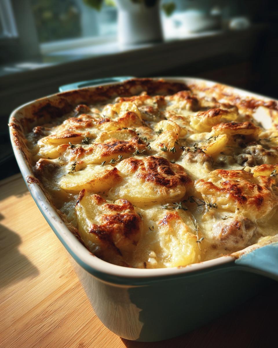 A close-up view of a golden brown sausage potato casserole in a teal baking dish, garnished with fresh thyme.