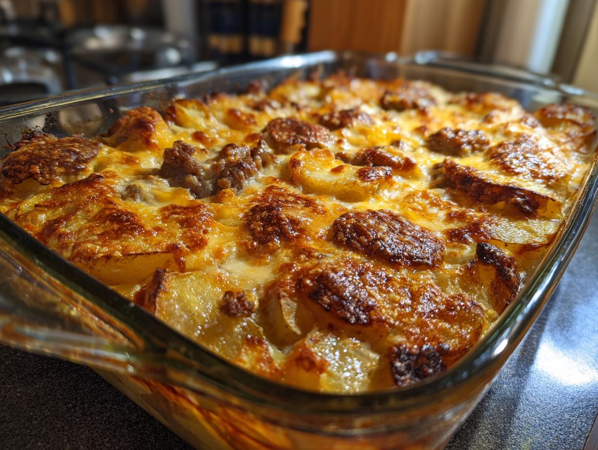 A close-up of a golden-brown sausage potato casserole in a glass baking dish, with melted cheese and browned sausage pieces.