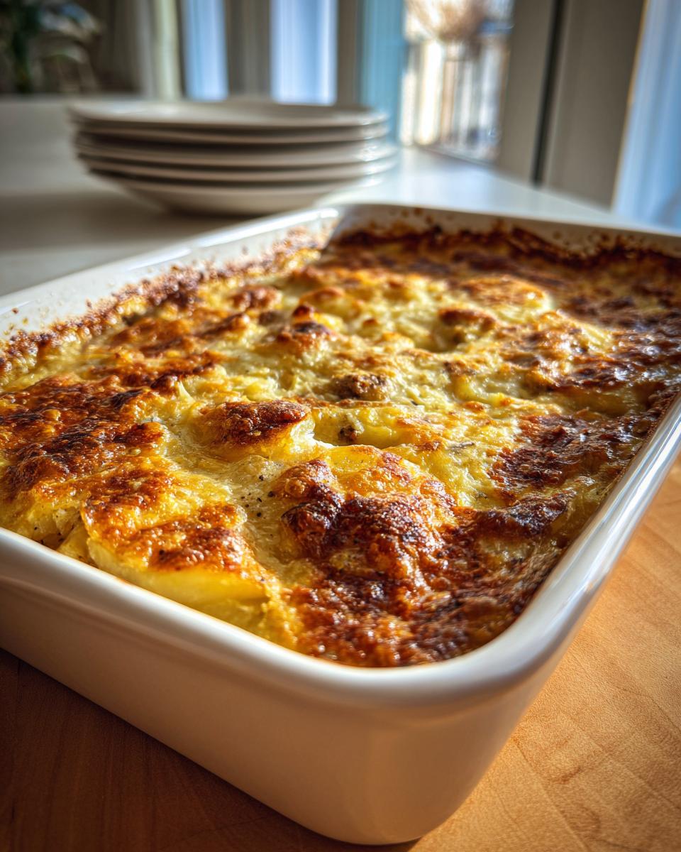 Close-up of a golden-brown Sausage Potato Casserole in a white baking dish, ready to serve.