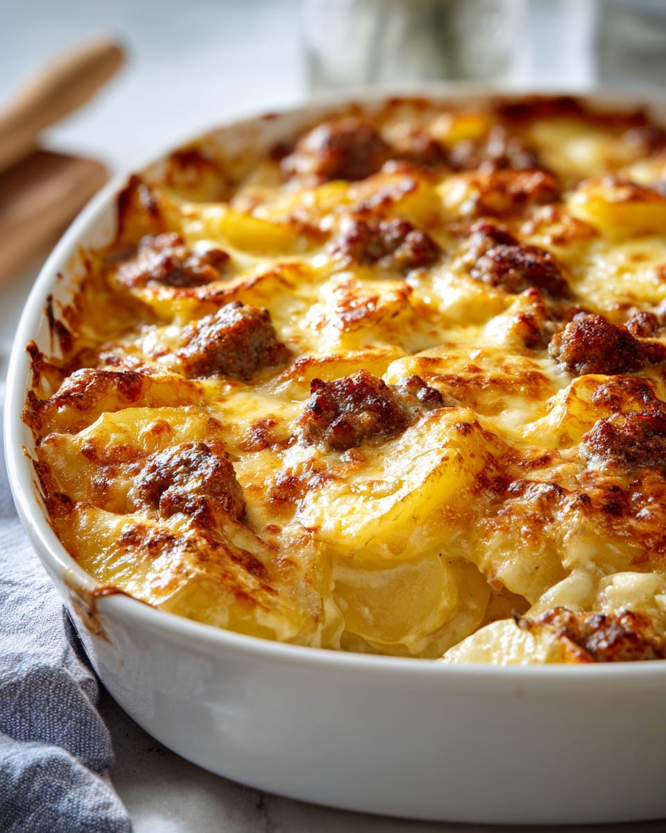 Close-up of a bubbly, golden sausage potato casserole in a white baking dish, topped with melted cheese and browned sausage crumbles.