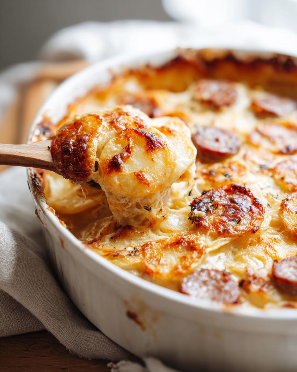 A serving spoon lifts a cheesy portion of sausage potato casserole, showing golden brown potatoes and sausage slices.