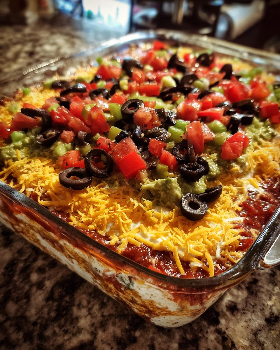 A close-up view of a freshly made Seven Layer Dip in a glass dish, topped with tomatoes, olives, and cheese.
