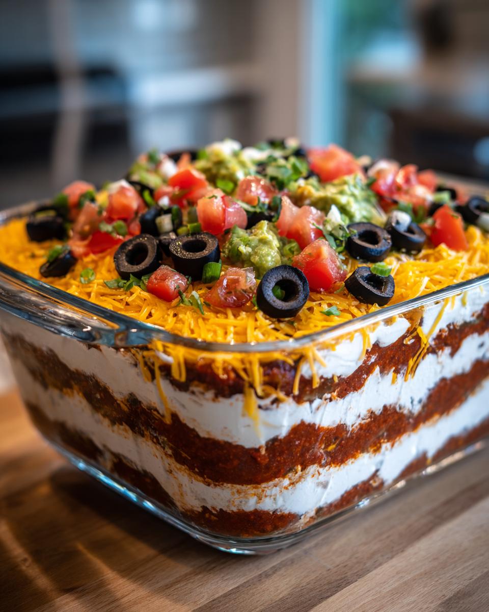 A beautifully layered Seven Layer Dip in a glass dish, topped with guacamole, tomatoes, olives, and cheese.