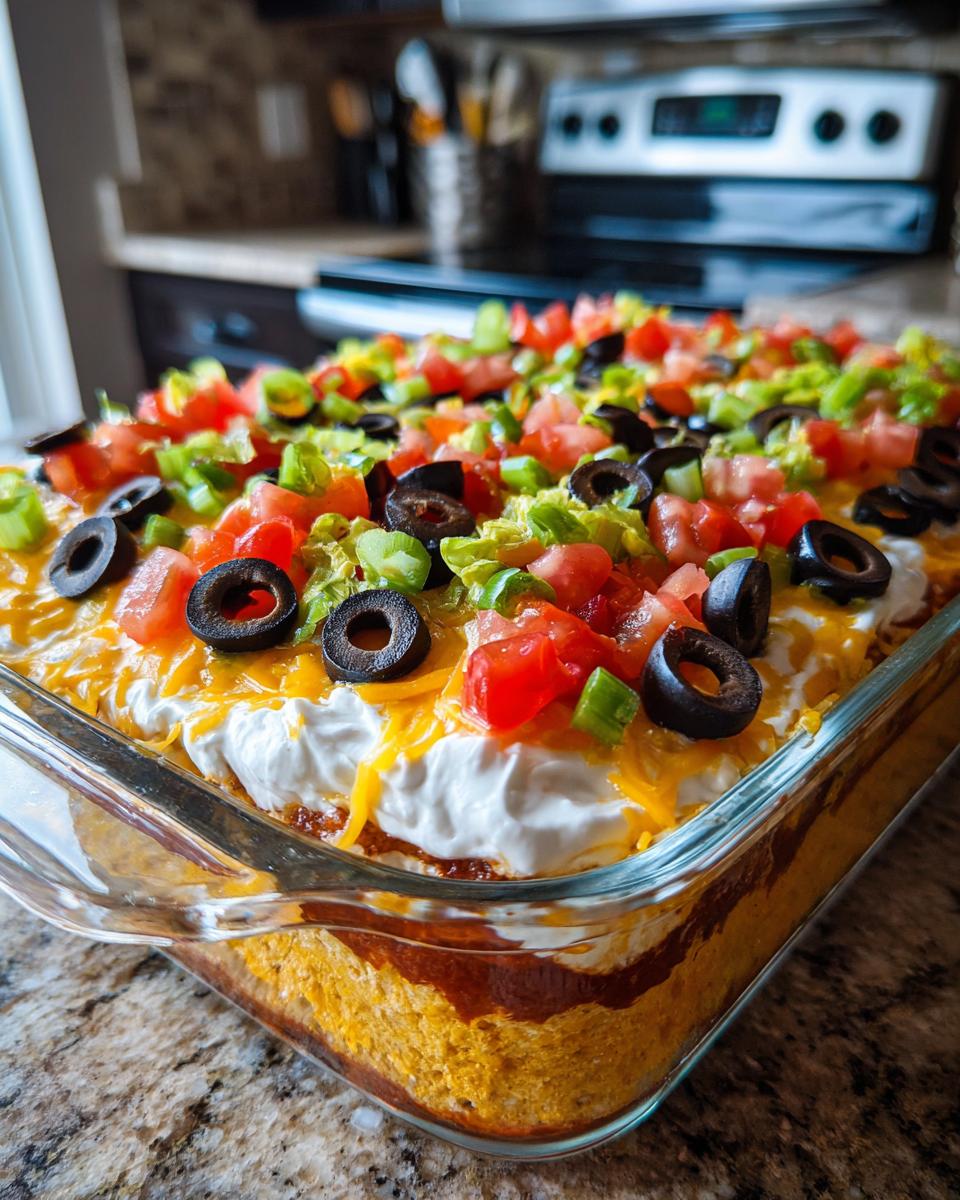 A close-up view of a freshly made Seven Layer Dip in a glass baking dish, topped with tomatoes, olives, and green onions.