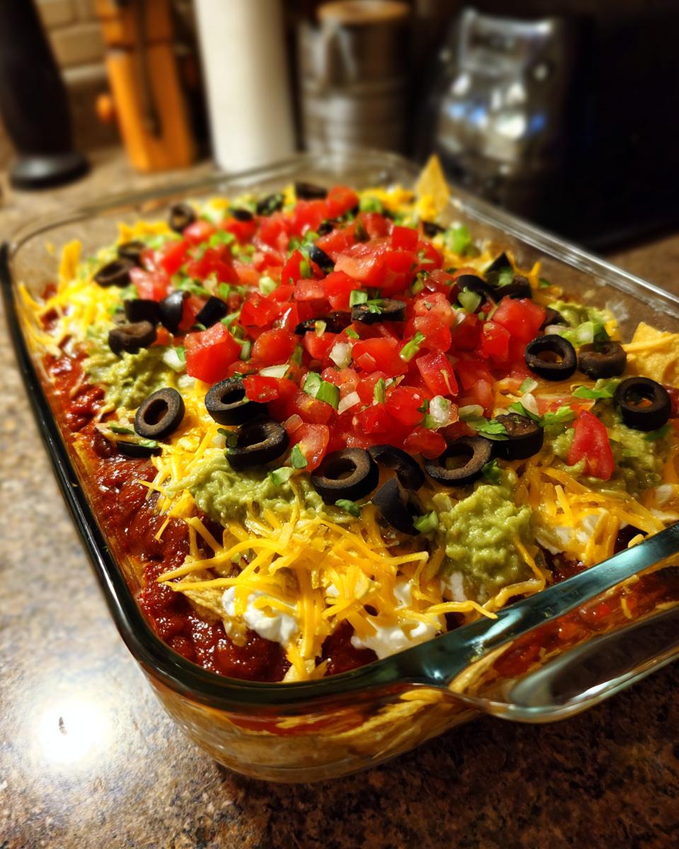 A close-up view of a freshly made Seven Layer Dip in a glass dish, topped with tomatoes, olives, and cheese.