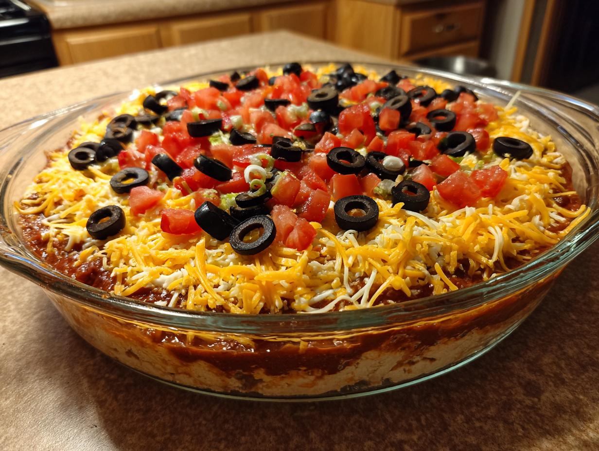 A close-up of a freshly made Seven Layer Dip in a clear glass dish, topped with cheese, tomatoes, and olives.