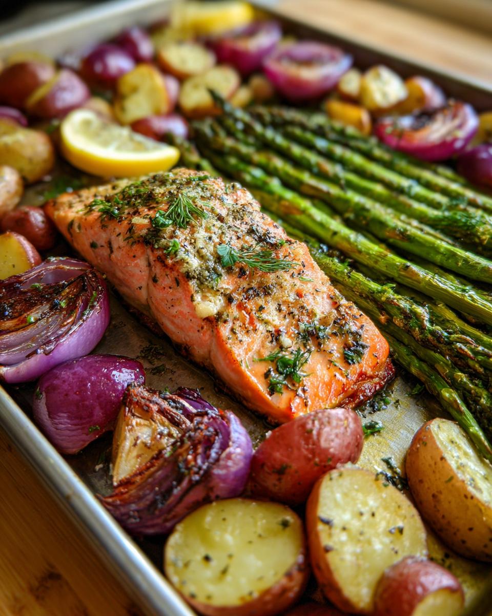 A close-up of a delicious sheet pan salmon and veggies meal, featuring a piece of salmon, asparagus, red onions, and potatoes.