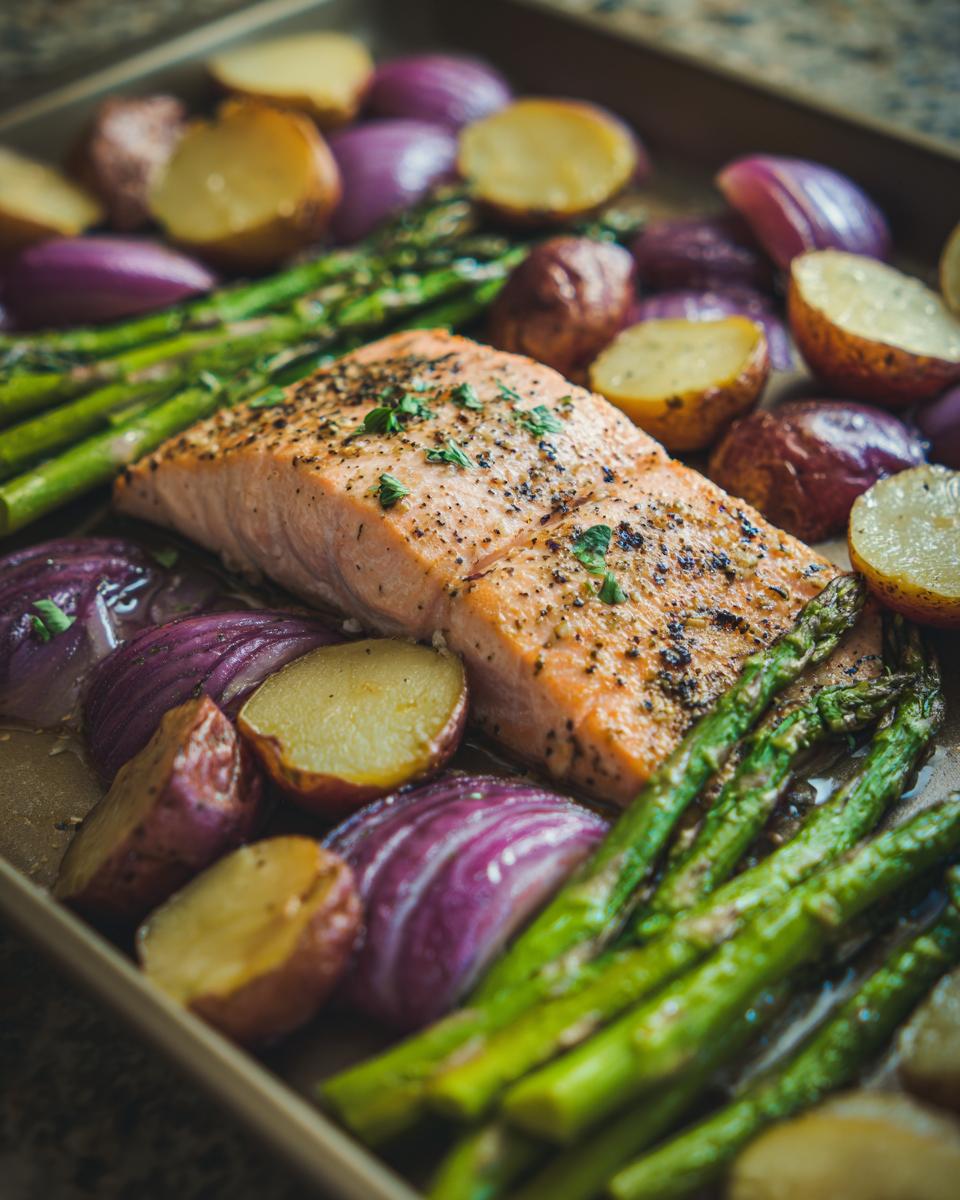 Close-up of a sheet pan salmon and veggies meal with roasted potatoes, asparagus, and red onion.