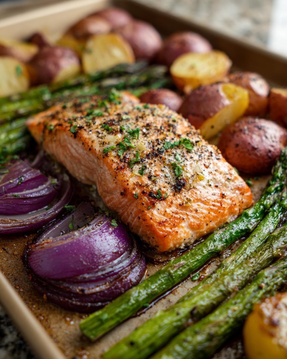 Close-up of a perfectly cooked sheet pan salmon and veggies with asparagus, red onion, and potatoes.