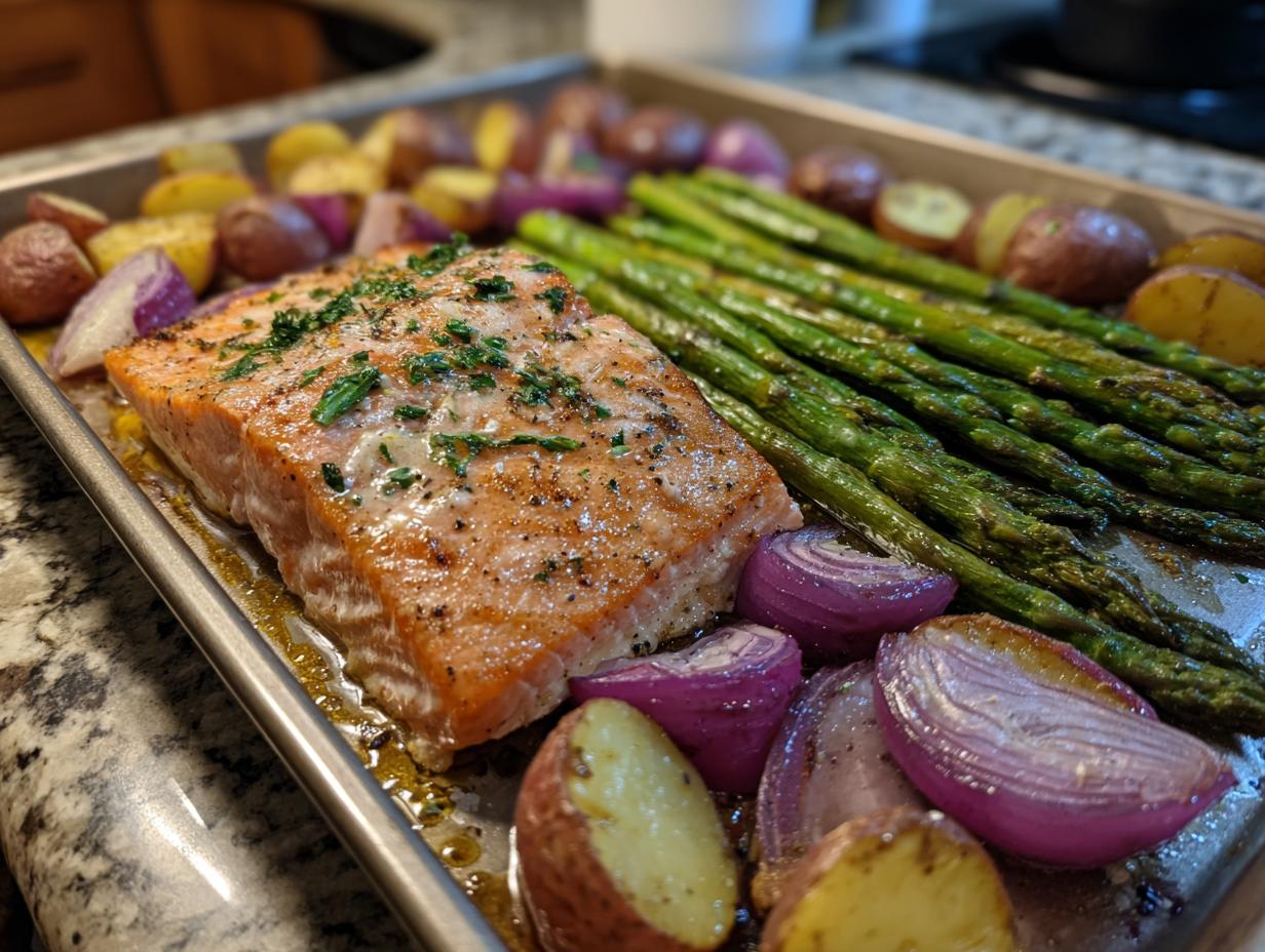 A close-up of a delicious sheet pan salmon and veggies meal, featuring a piece of salmon, asparagus, red onion, and potatoes.