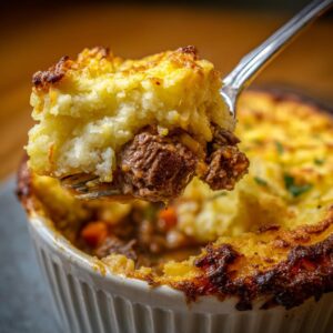 A fork lifts a generous bite of Shepherd's Pie, revealing tender beef and creamy mashed potato topping.