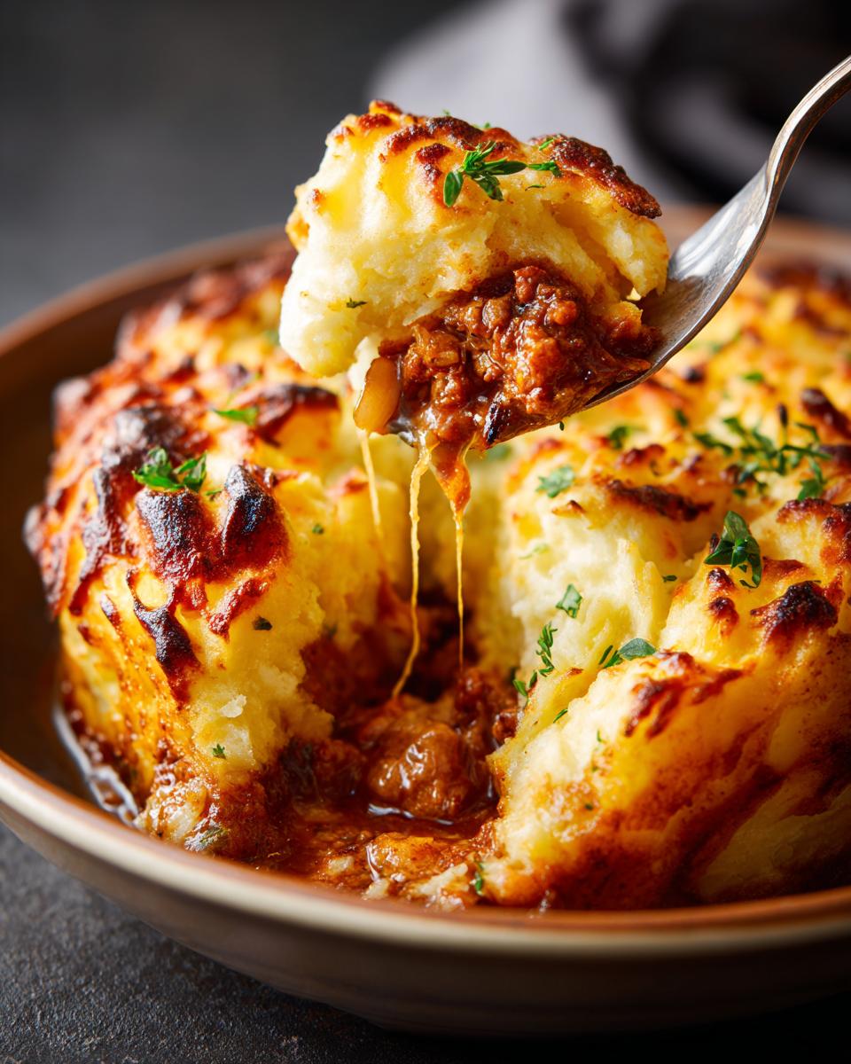 A fork lifting a cheesy bite of Amazing Shepherd's Pie, revealing the savory meat filling and golden mashed potato topping.