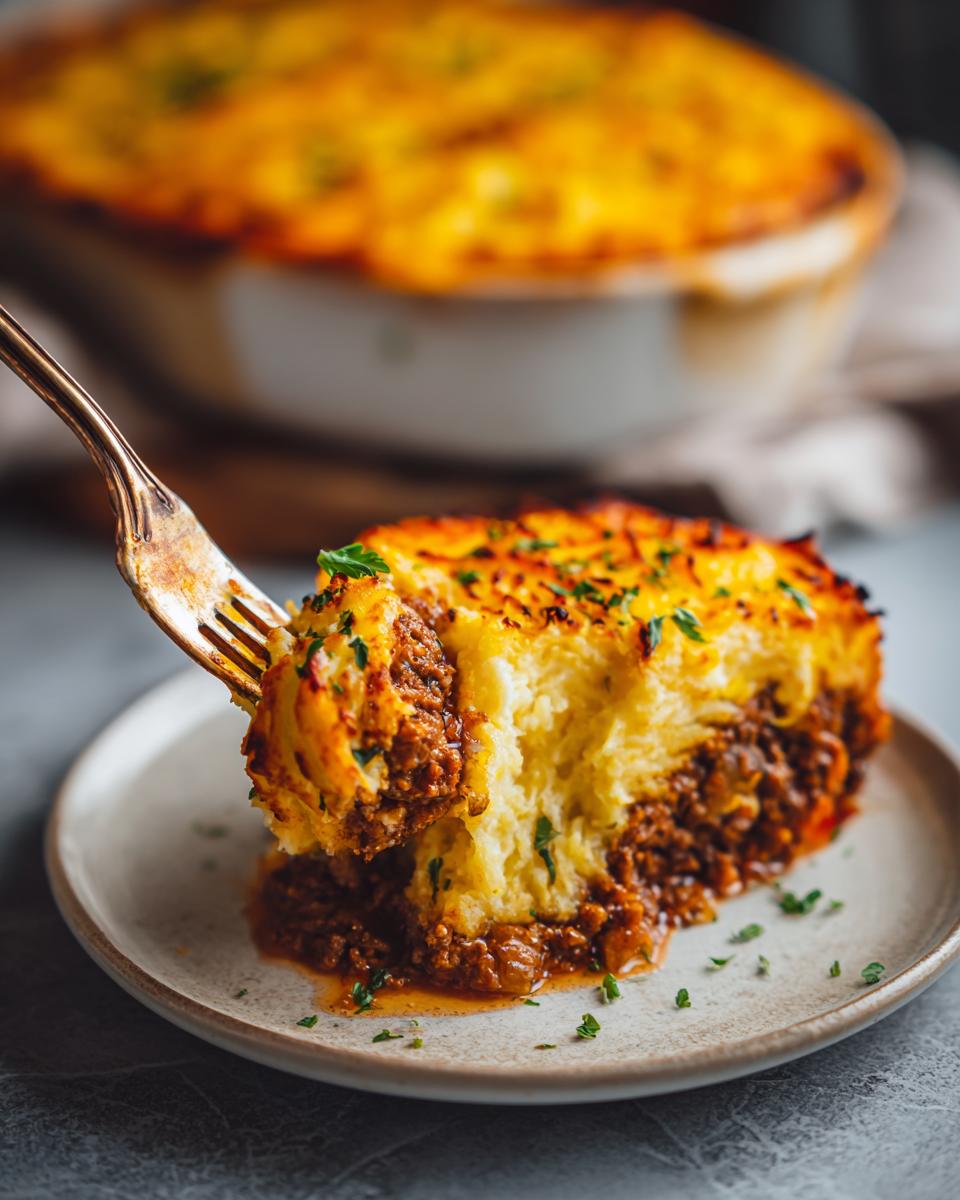A fork lifting a generous portion of Shepherd's Pie, revealing layers of seasoned ground meat and creamy mashed potatoes.