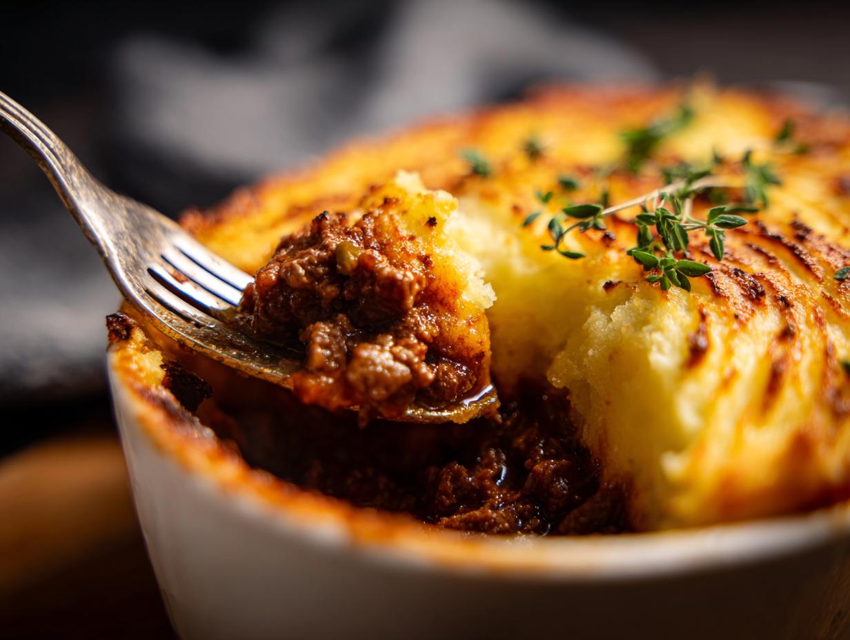 A fork lifts a hearty bite of Shepherd's Pie, revealing a rich meat filling and fluffy mashed potato topping.