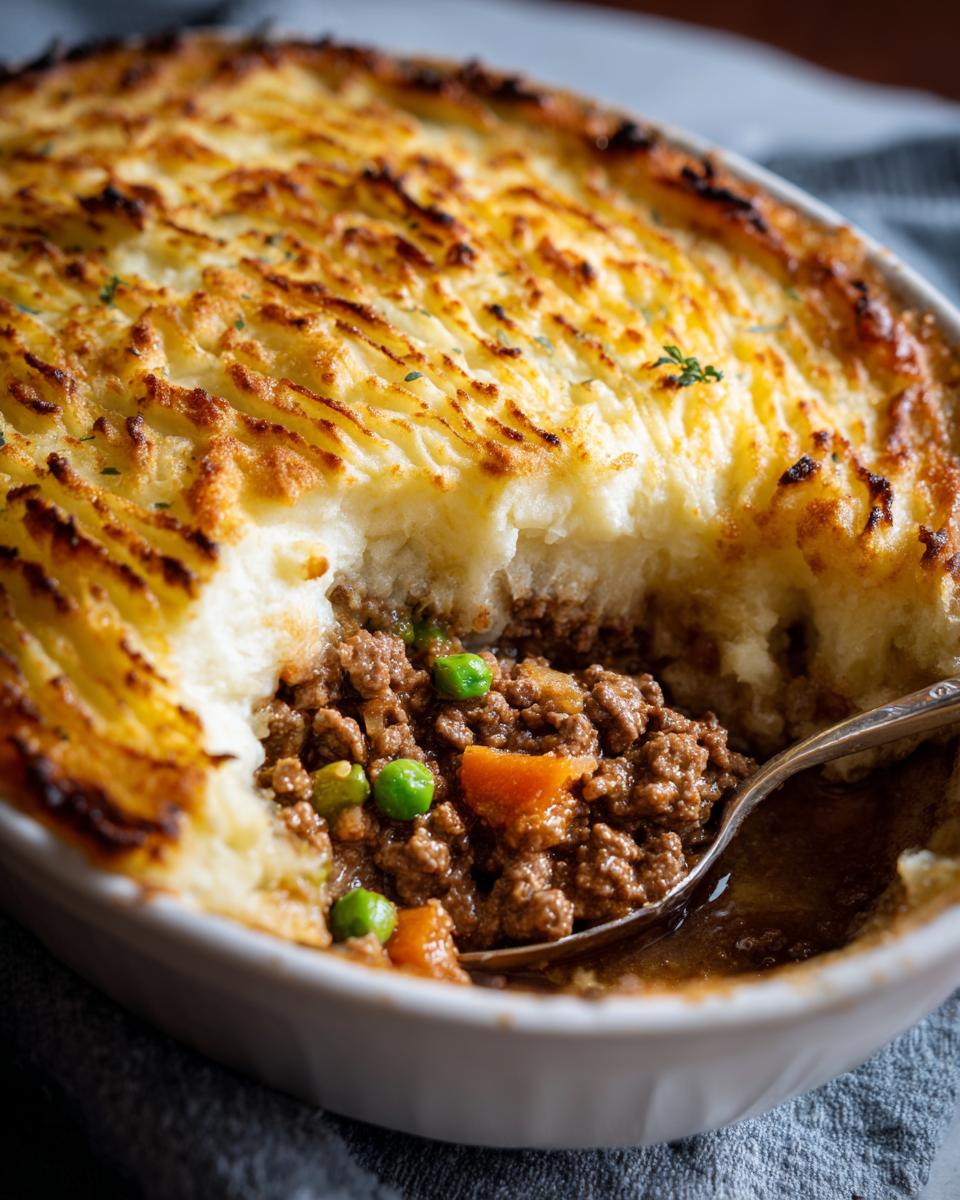 A close-up of a serving spoon scooping into a golden-brown Shepherd's Pie, revealing the savory ground meat and vegetable filling.
