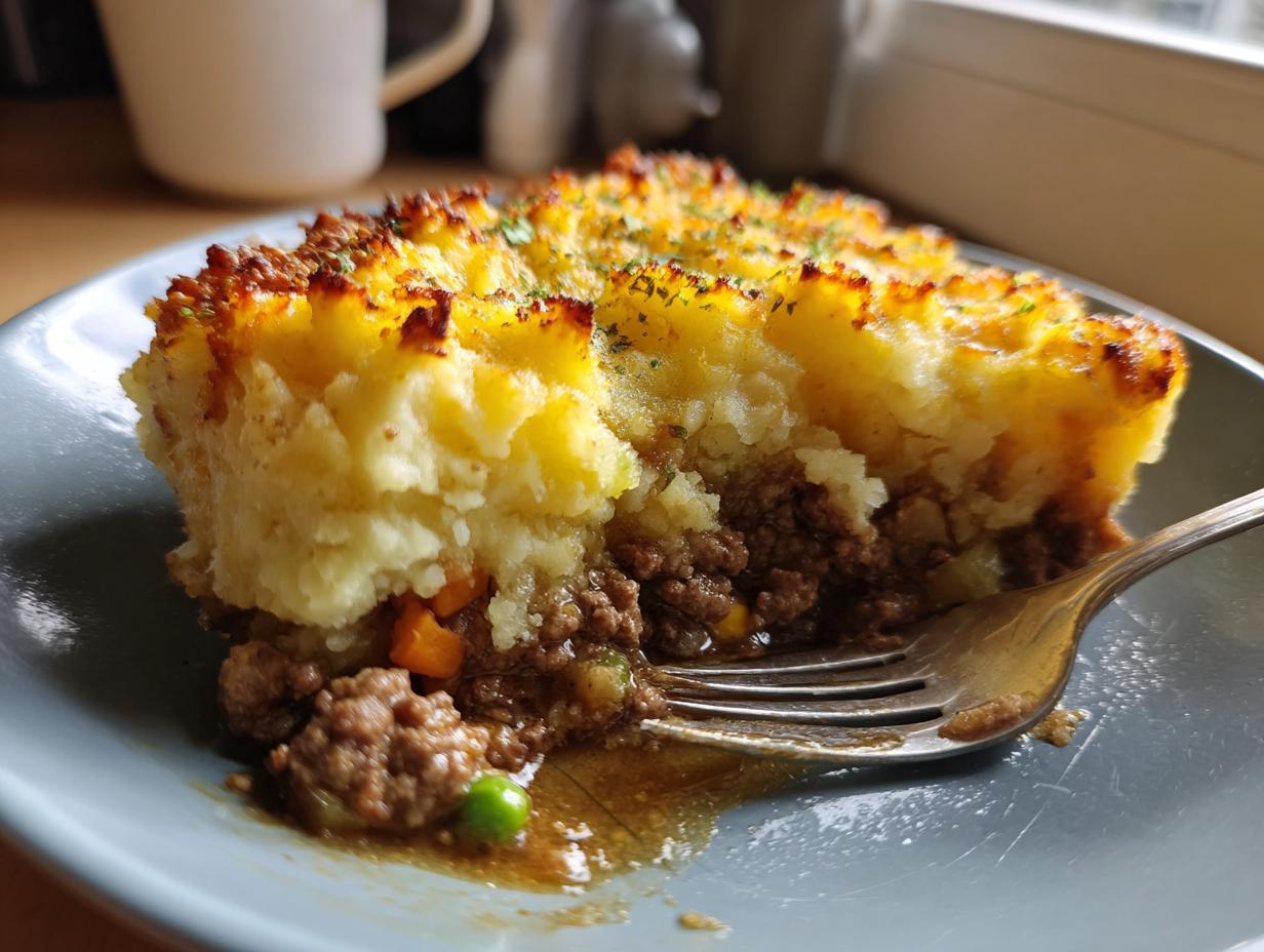 A close-up of a hearty slice of Shepherd's pie on a plate, showing the rich meat filling and golden mashed potato topping.