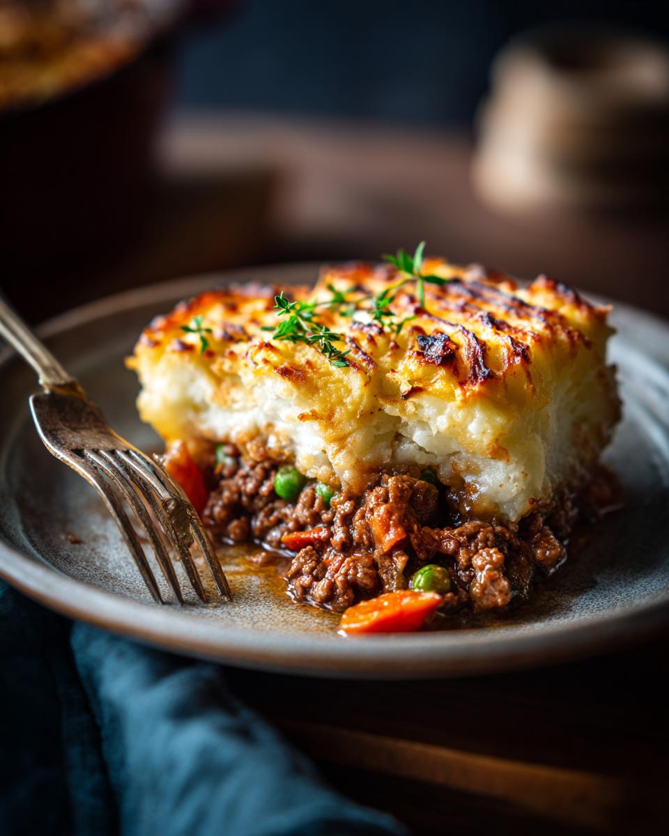 A close-up of a hearty slice of Shepherd's Pie, featuring a rich meat and vegetable filling topped with golden-brown mashed potatoes and fresh herbs.
