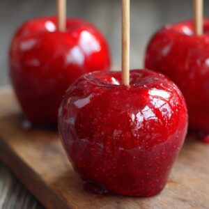 Close-up of three shiny red candy apples on wooden sticks, with a focus on the glistening candy coating.