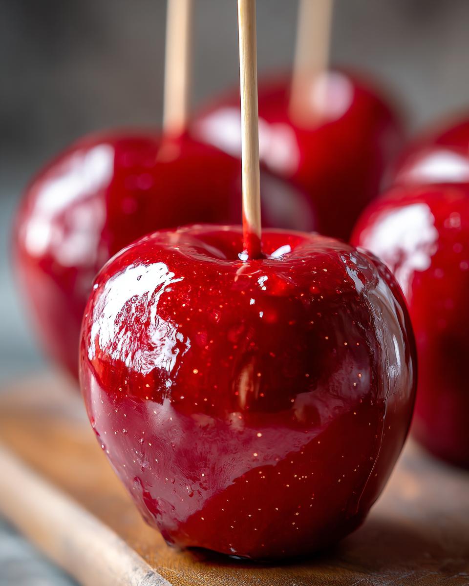 Close-up of a shiny, red candy apple on a stick, with other candy apples blurred in the background.