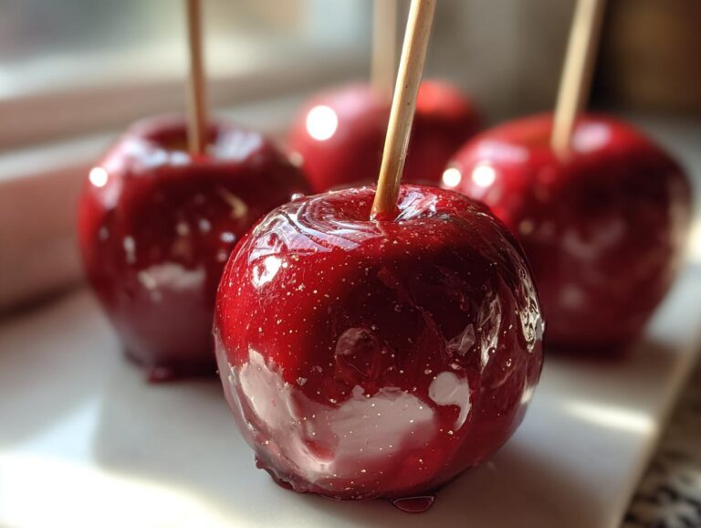 Close-up of shiny, red candy apples on sticks, glistening with a crunchy sugar coating.